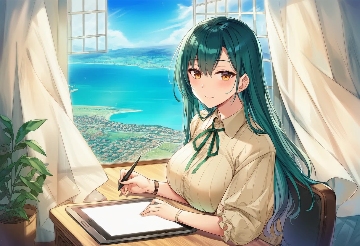 午后海边画室里,青绿色长发的画师在数位屏上创作,窗外是明亮的海湾。