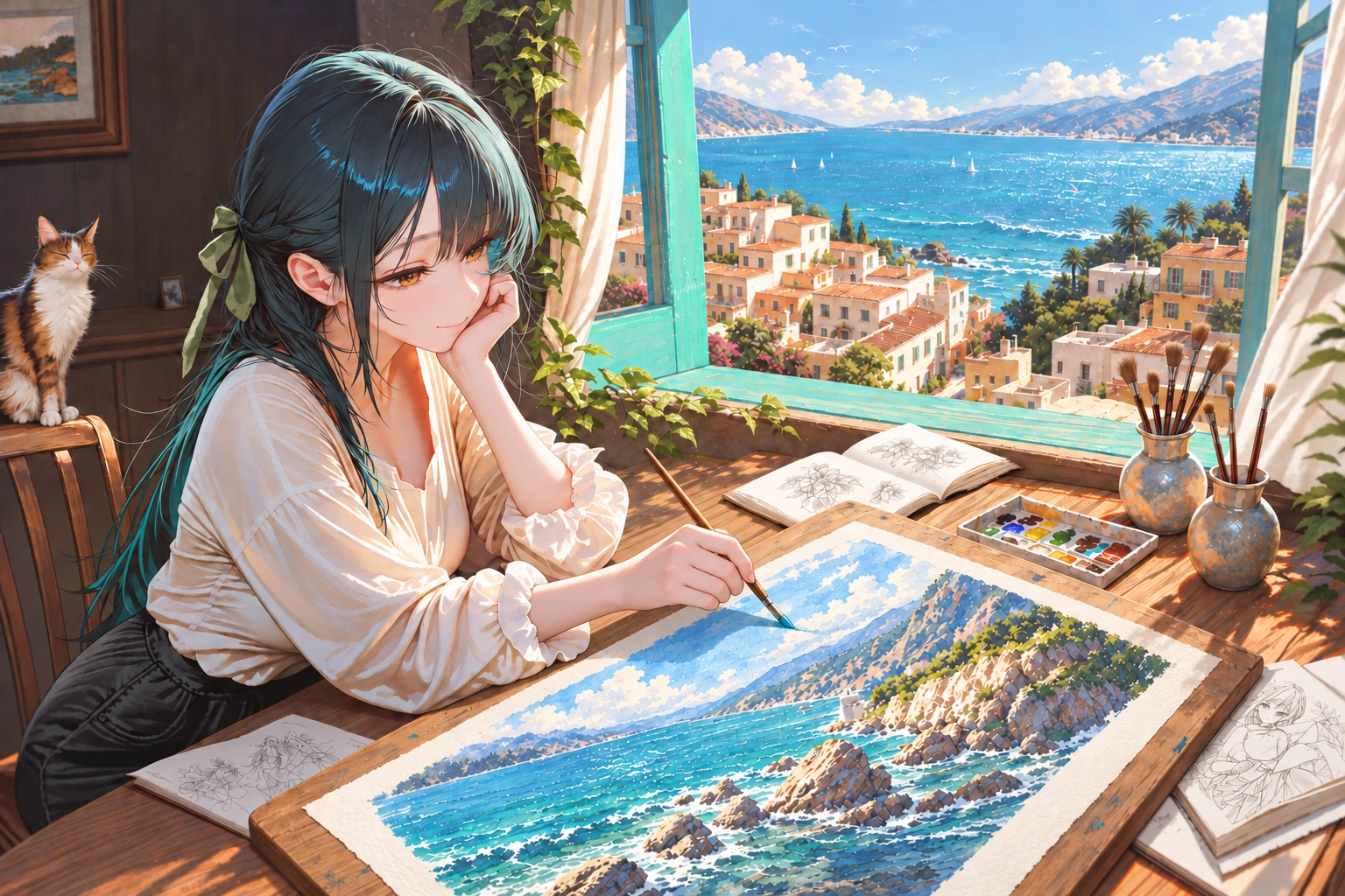 午后海边画室里,画师用画笔在木画板上的画纸绘制海景,窗外是明亮的海湾。